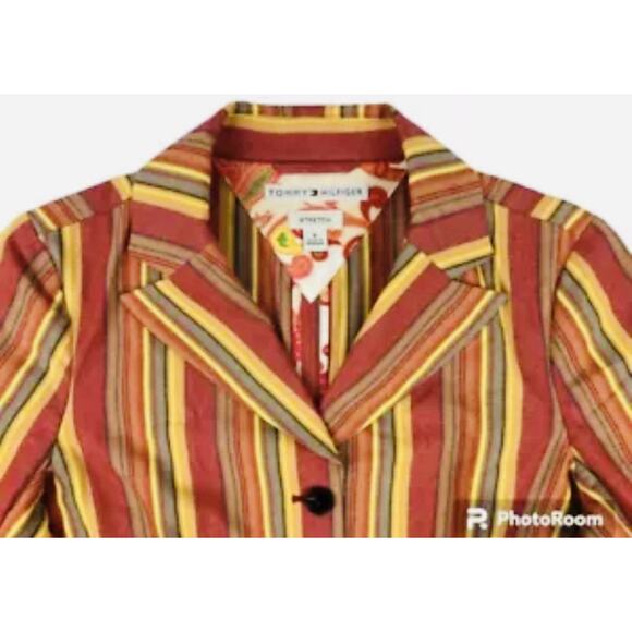 Tommy Hilfiger Blazer Y2K Womens 8 Orange Multicolored Striped Cotton Hip Jacket - Picture 3 of 8